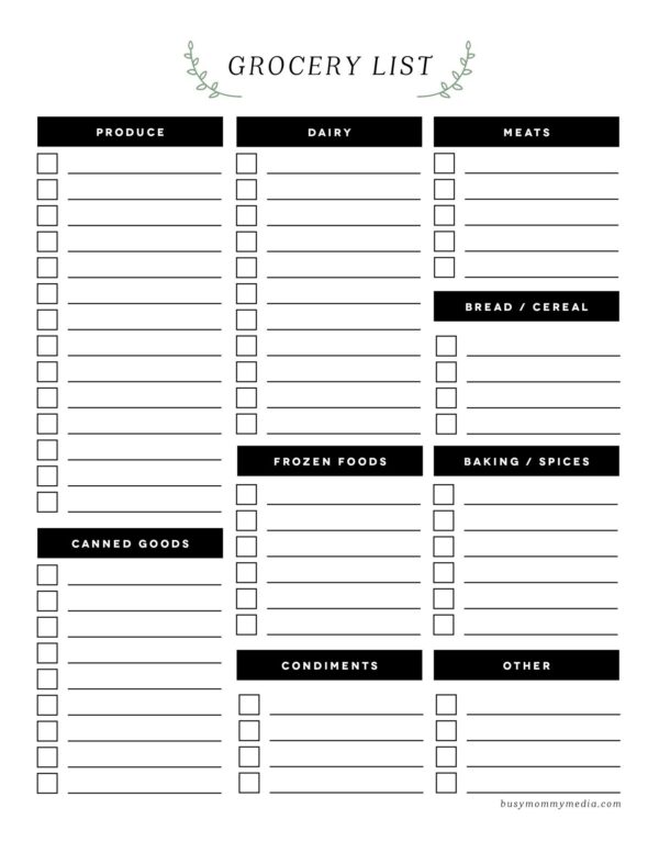 Printable Grocery List Blank With Catgories