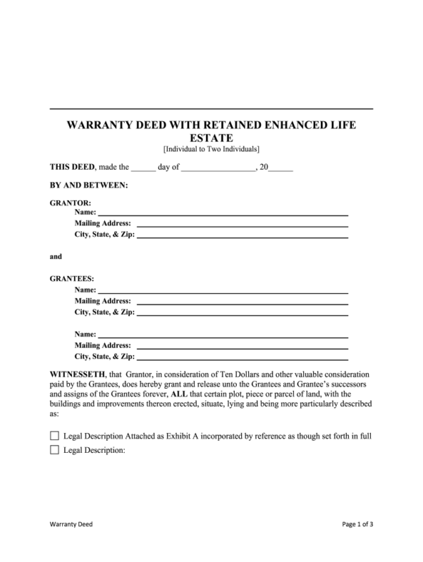 Free Printable Blank Life Estate Deed Form