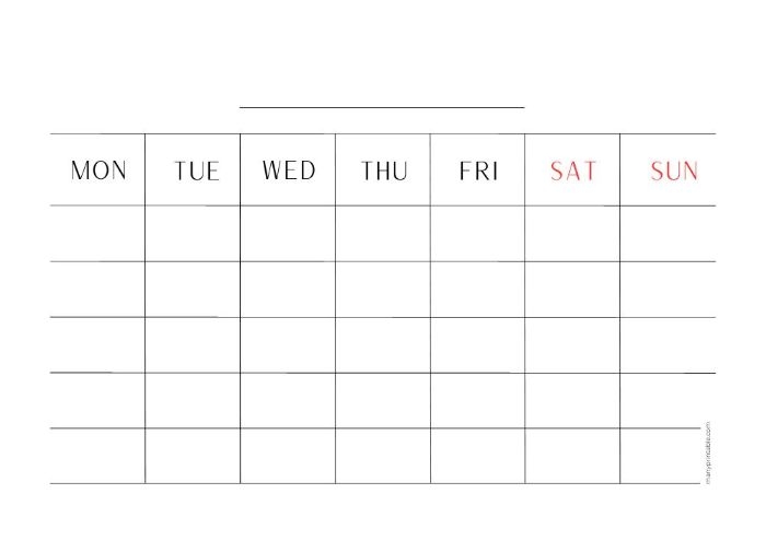 Printable Blank Calendar Starting With Monday