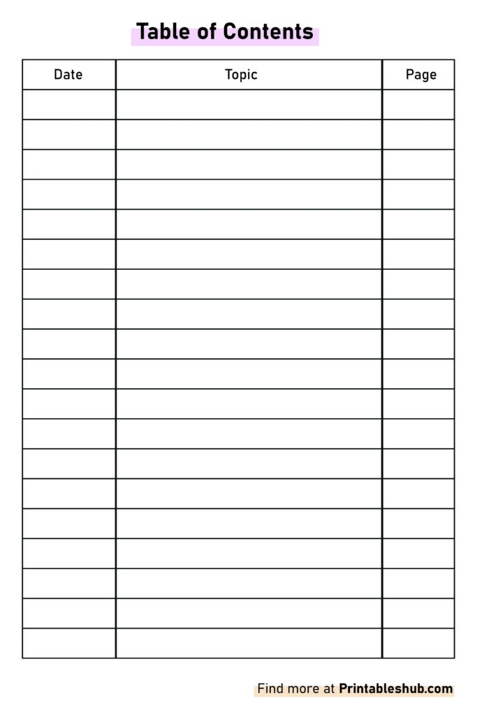 Free Printable Blank Table Of Contents Templates PDF Included 