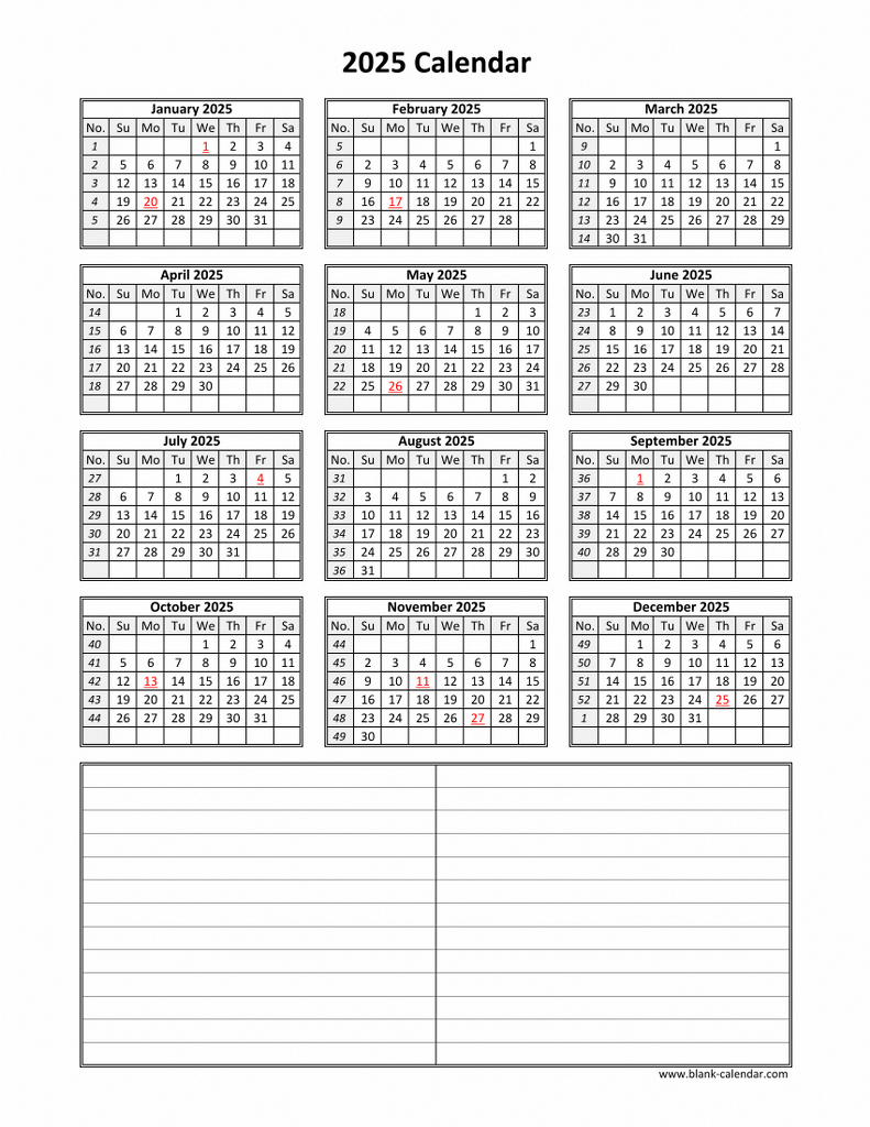 Free Printable Calendar 2025 With Notes Calendars 2025