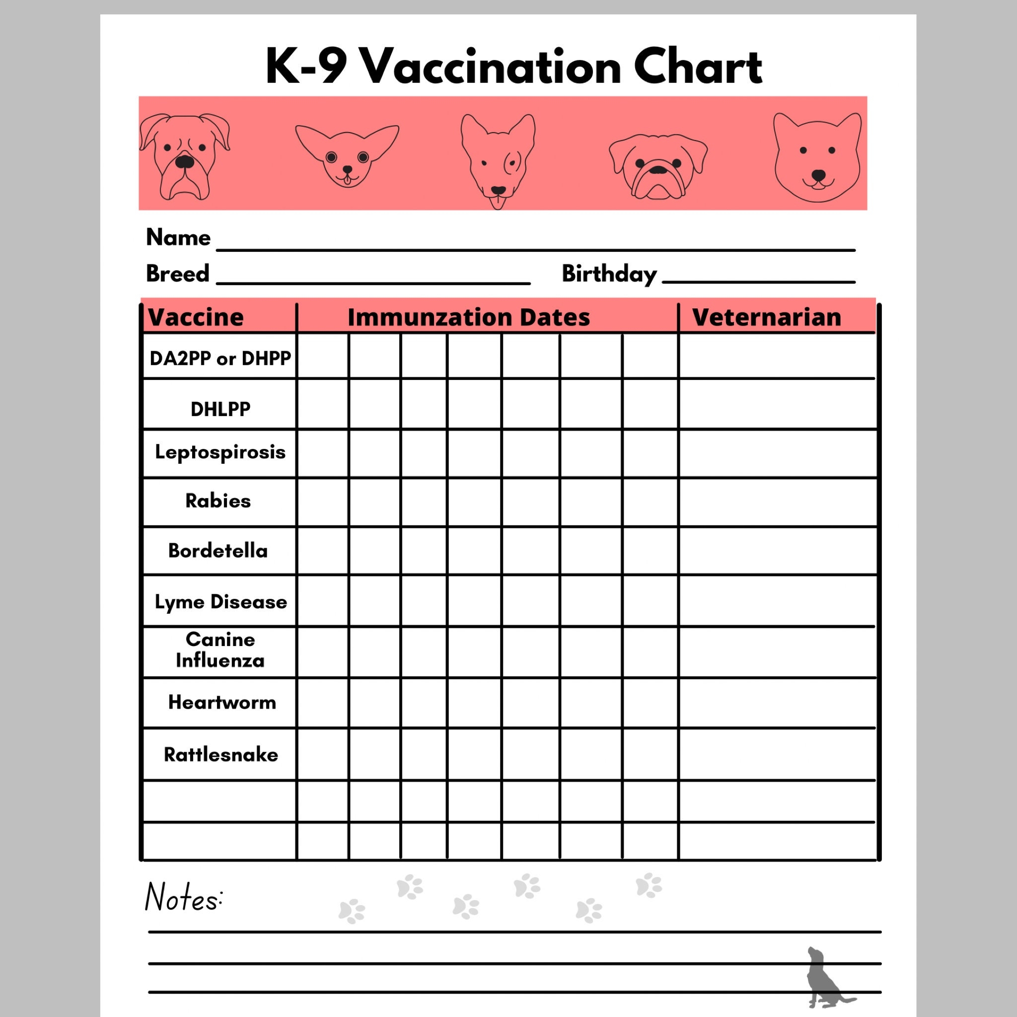 Blank Dog Shot Record Form Free Printable