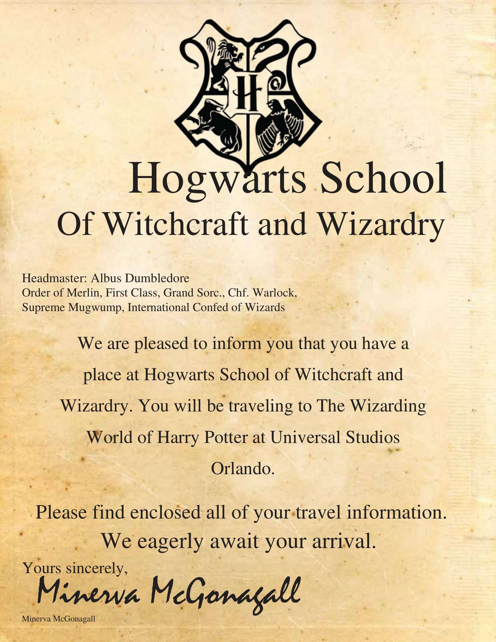 Free Printable Harry Potter Hogwarts Acceptance Letter Templates PDF 