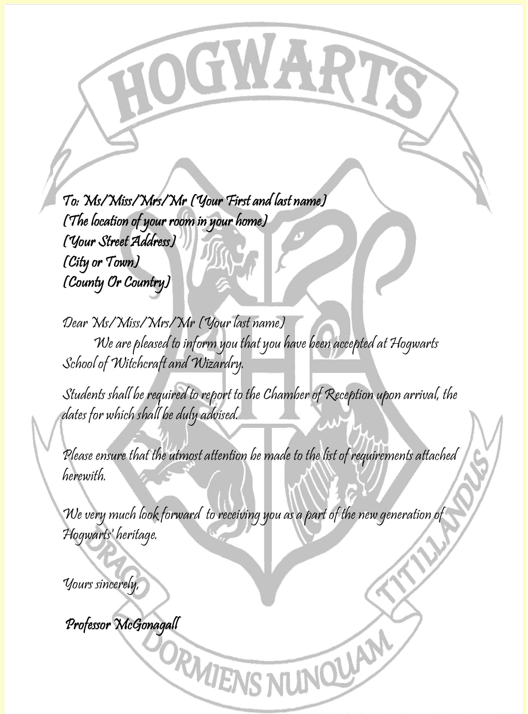 Free Printable Harry Potter Hogwarts Acceptance Letter Templates PDF 