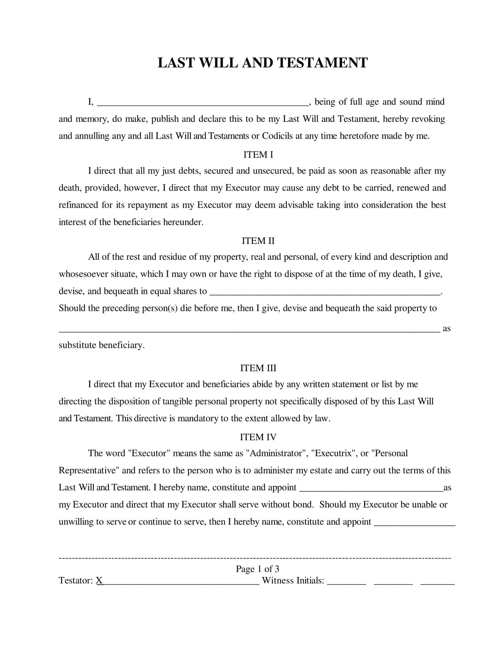 Printable Blank Last Wills And Testaments
