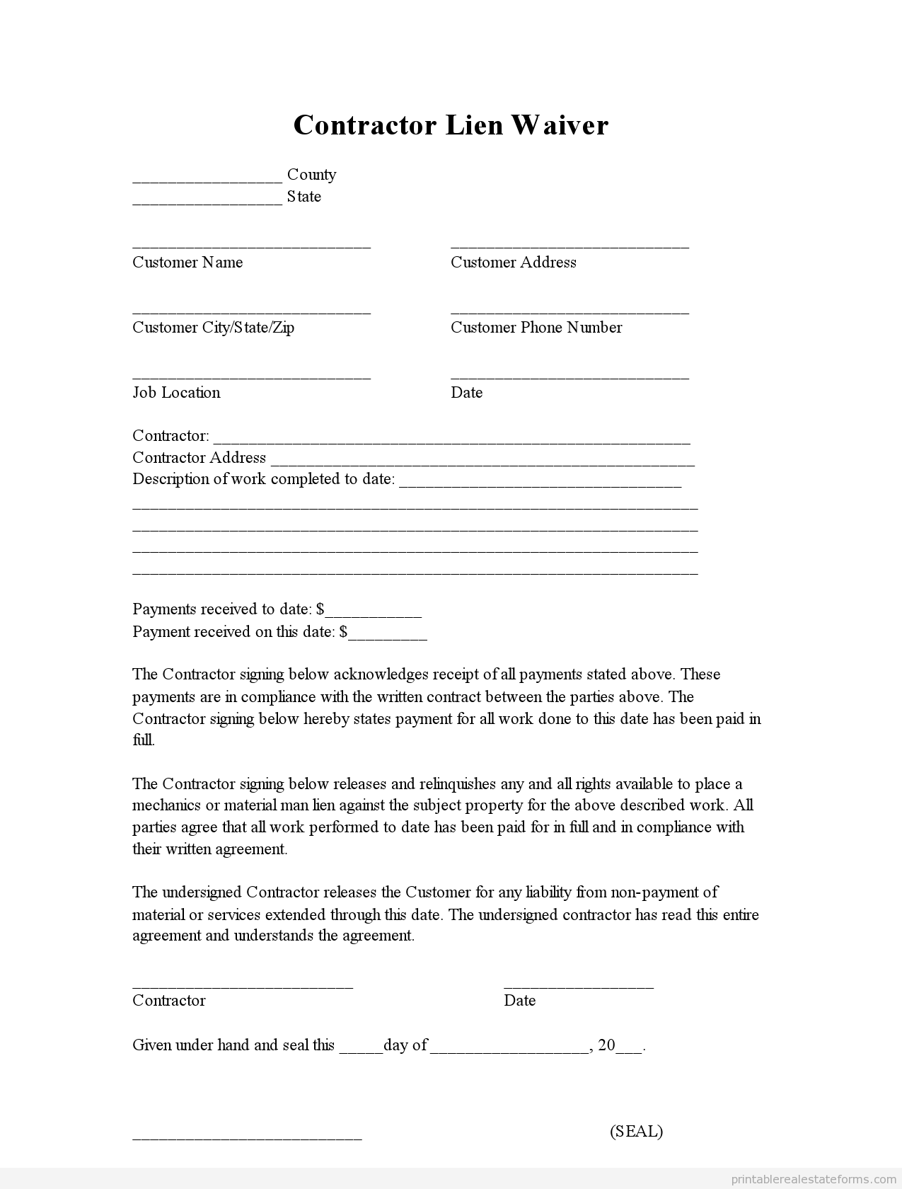 Free Printable Lien Waiver Form EDITABLE PDF WORD Free Printable Lien Waiver Form EDITABLE PDF WORD