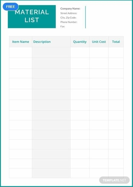 Free Printable Material List Template For Company Items Free Printable Material List Template For Company Items