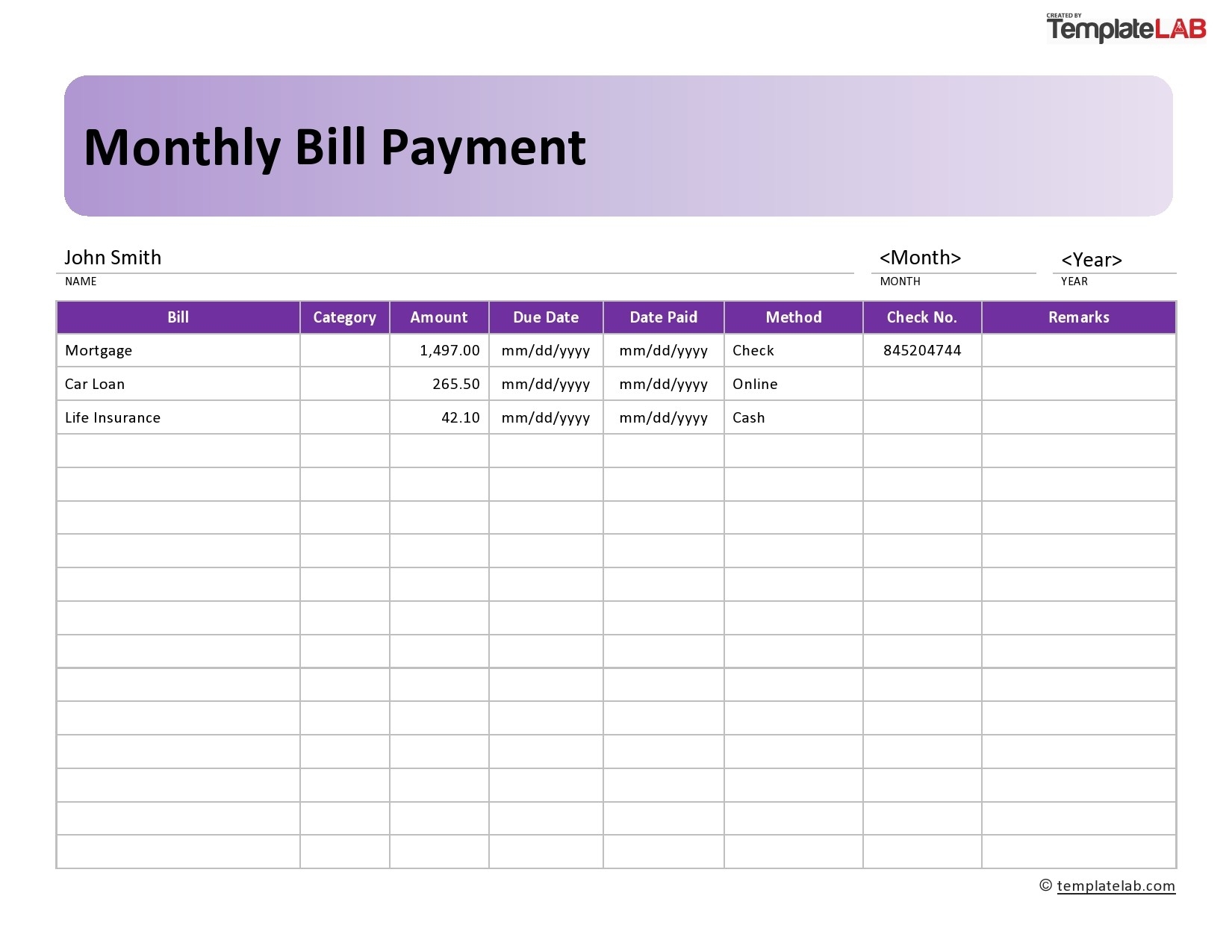 Free Printable Monthly Bill Payment Log