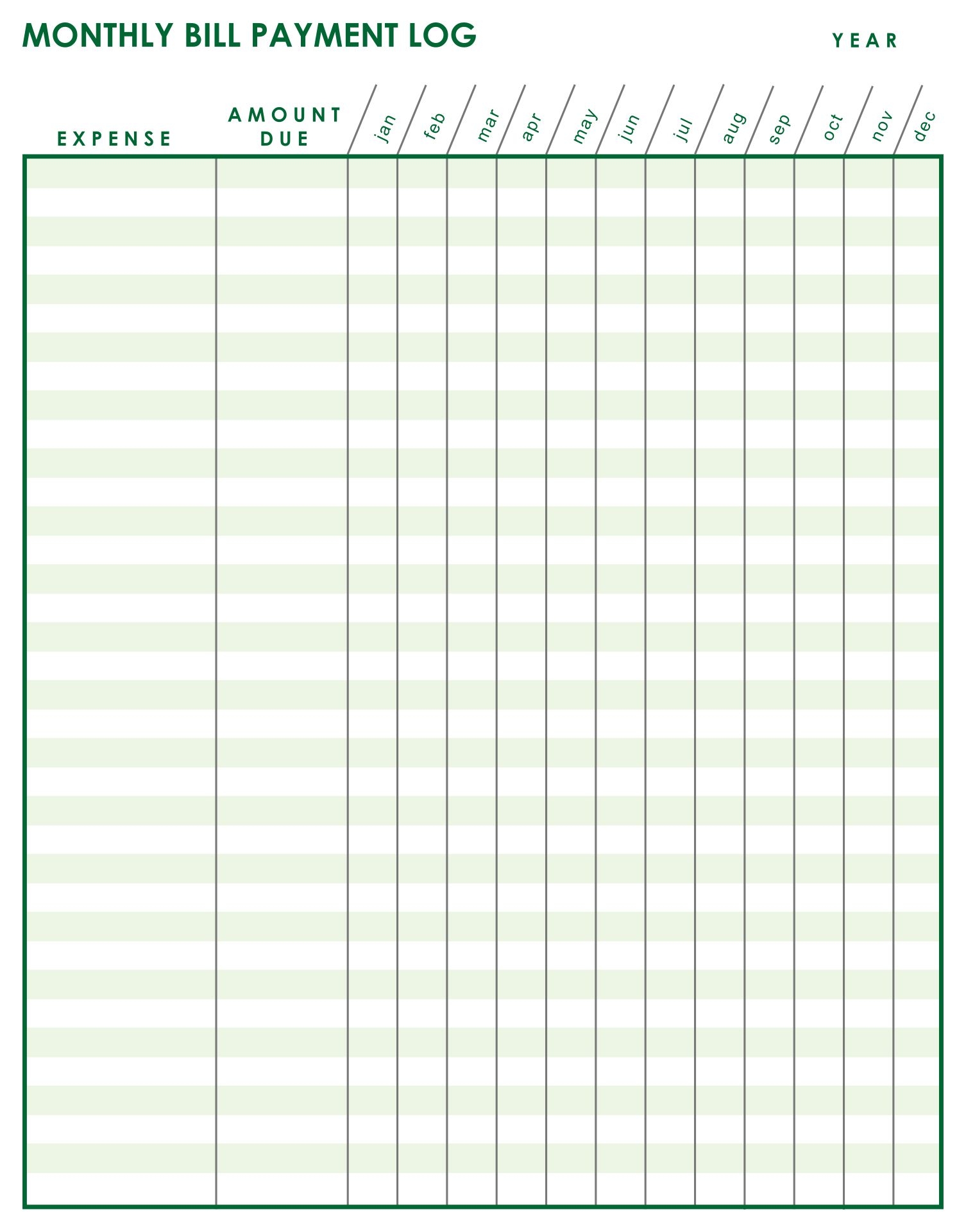 Blank Free Printable Monthly Bill Payment Log