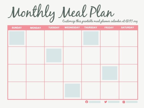 Cute Blank Monthly Calendar Printable Meal Plan