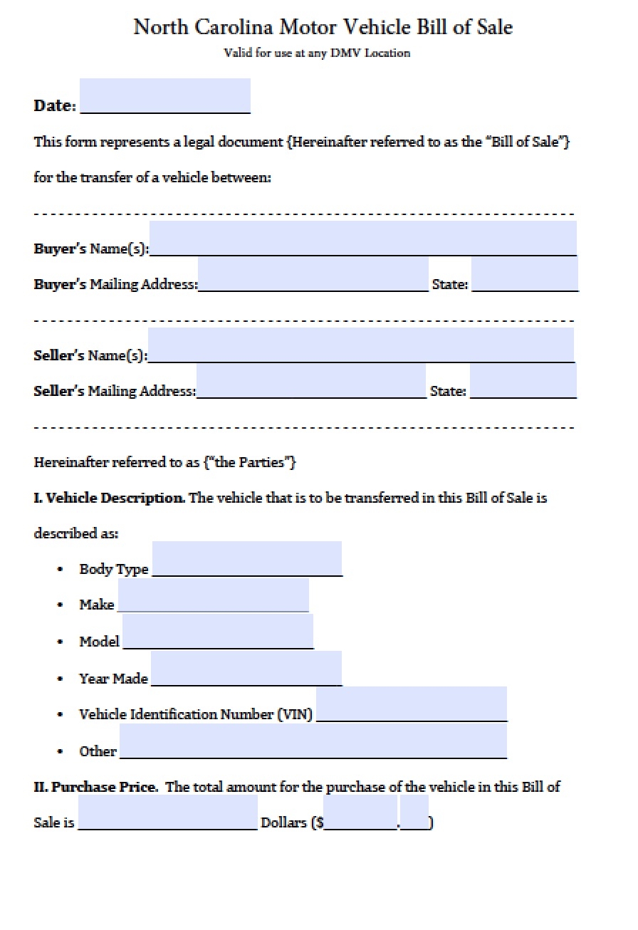 Printable Blank Bill Of Sale Car Nc