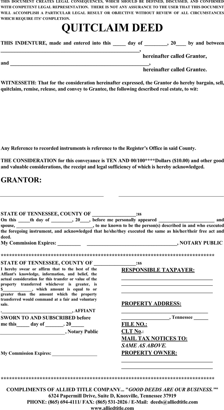 Free Printable Quit Claim Deed Form Tennessee Printable Forms Free Online
