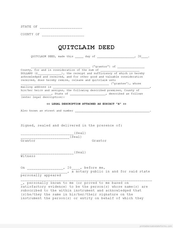 Free Printable Quit Claim Deed Form Tennessee