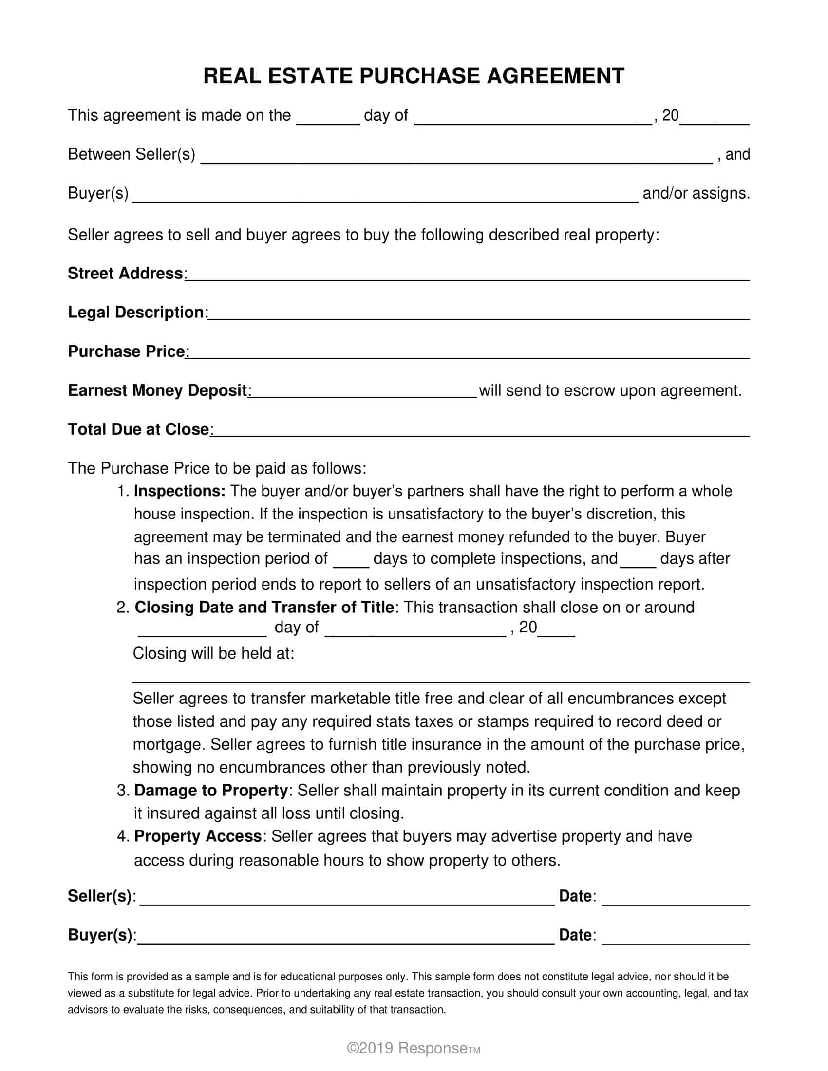 Free Printable Real Estate Purchase Agreement Templates Word PDF 