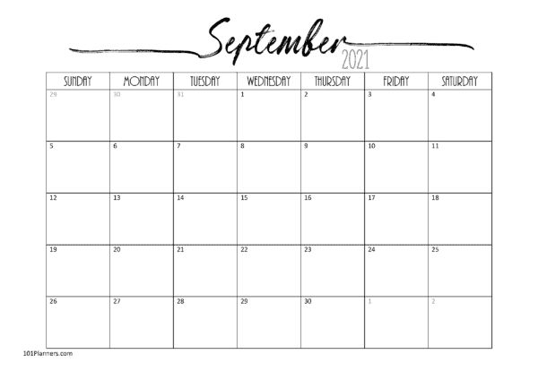 September Blank Monthly Calendar For Girls Printable