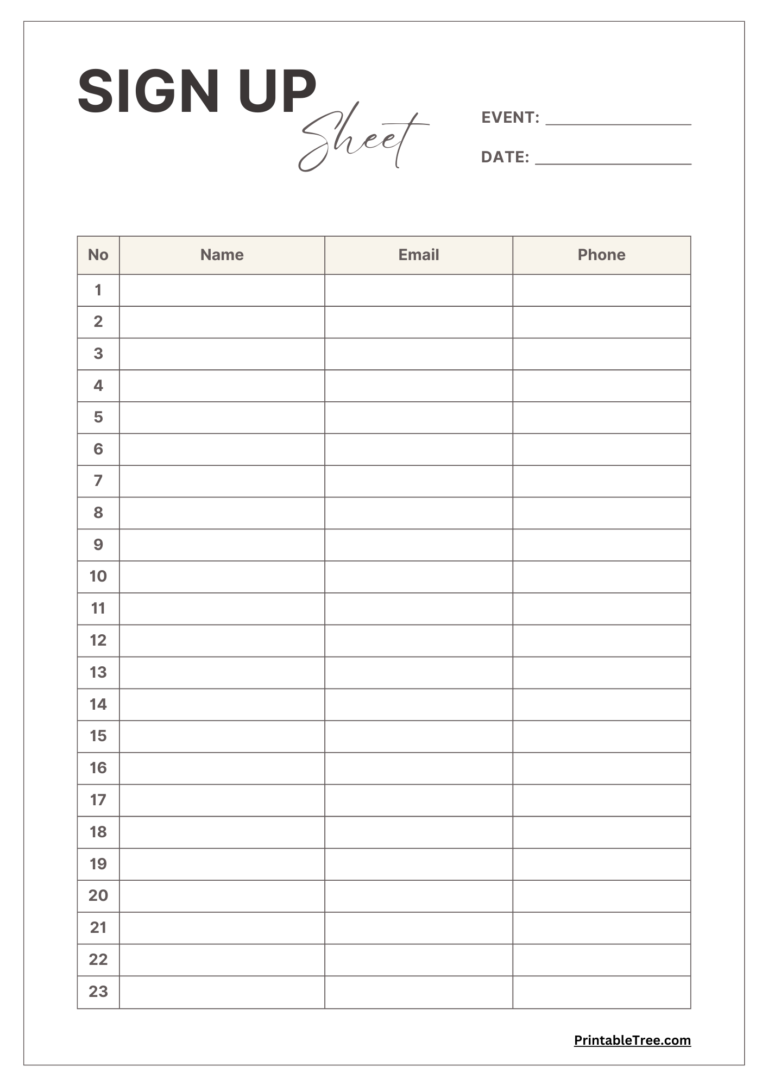 Free Printable Sign up And Sign in Sheet PDF Templates Free Printable Sign up And Sign in Sheet PDF Templates