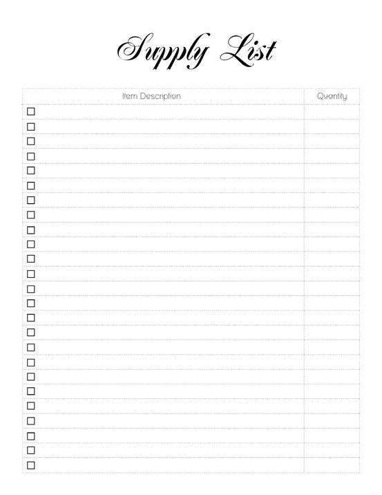 Free Printable Supply List Template