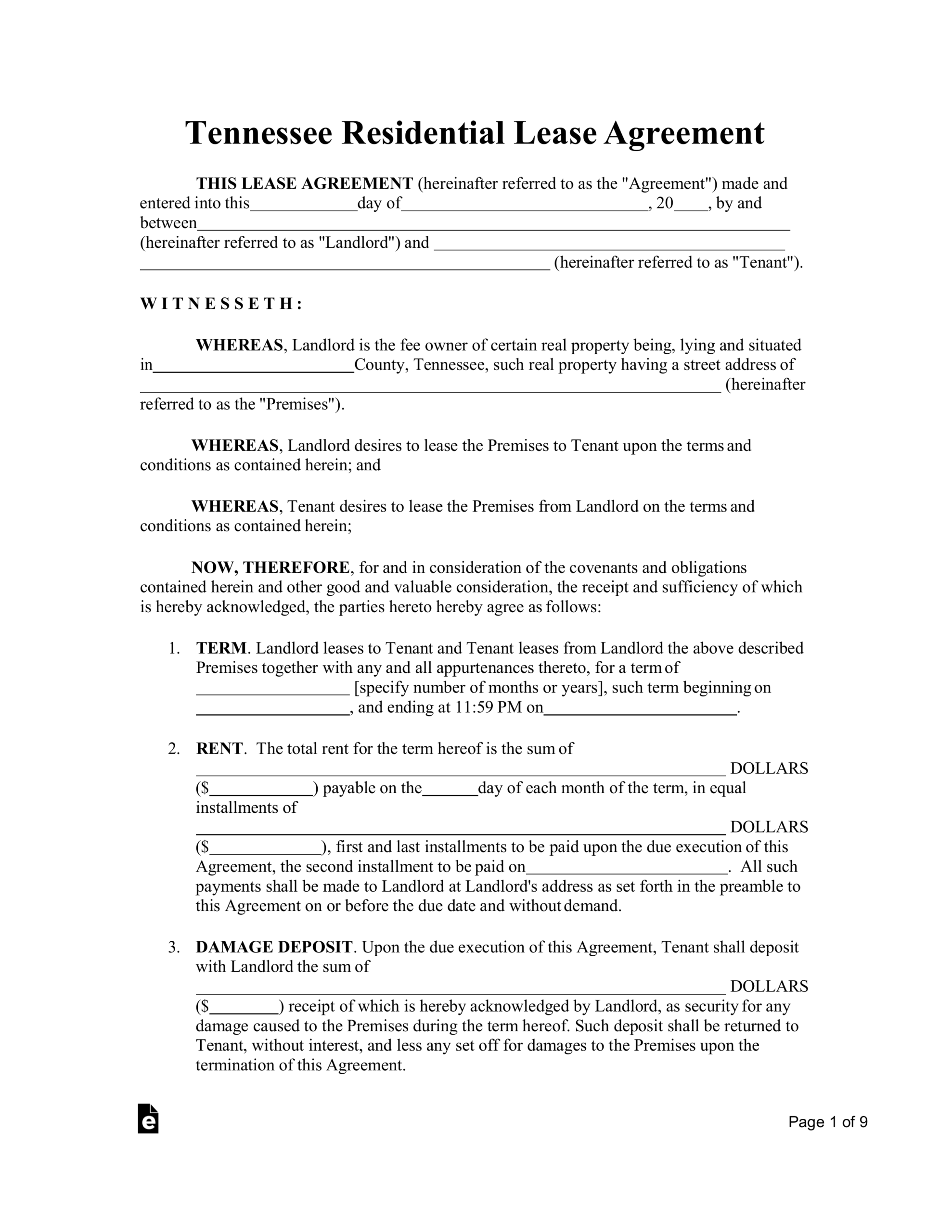Free Printable Tennessee Lease Agreement