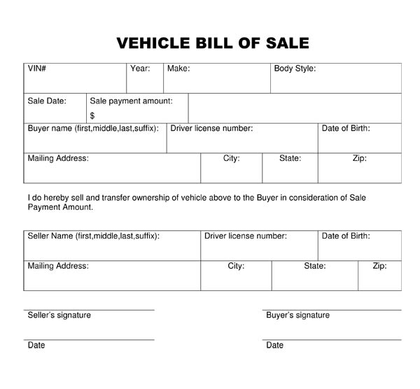 Free Printable Vehicle Bill Of Sale Template Form GENERIC 