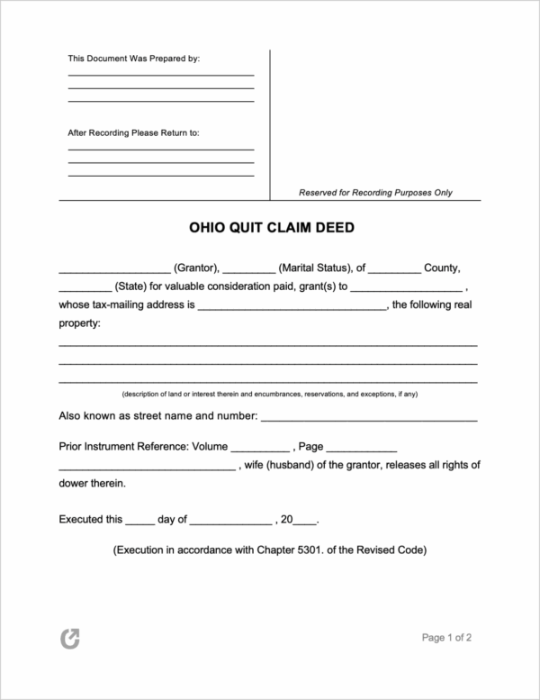 Free Blank Printable Quit Claim Deed Ohio