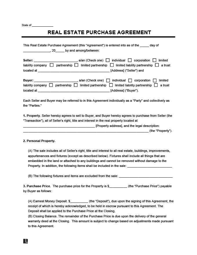 Free Real Estate Purchase Agreement Template PDF Word