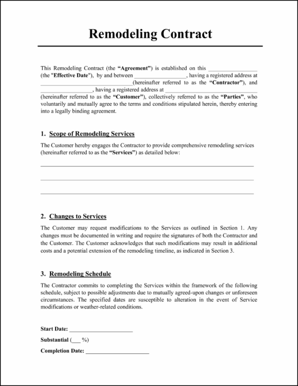 Fill In Blank Printable Remodeling Contract