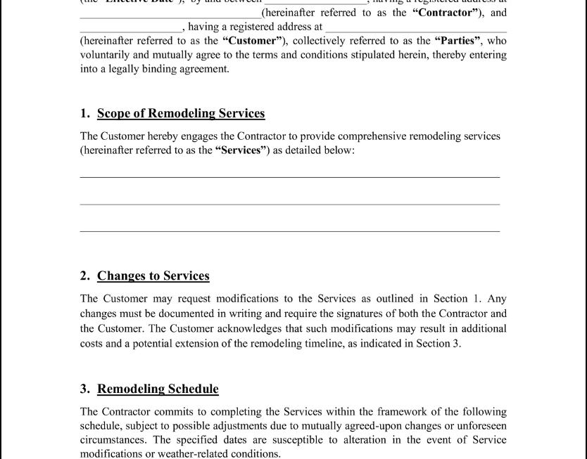 Free Remodeling Contract Template Easily Editable