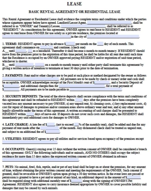 Free Blank Printable Rental Lease Agreement