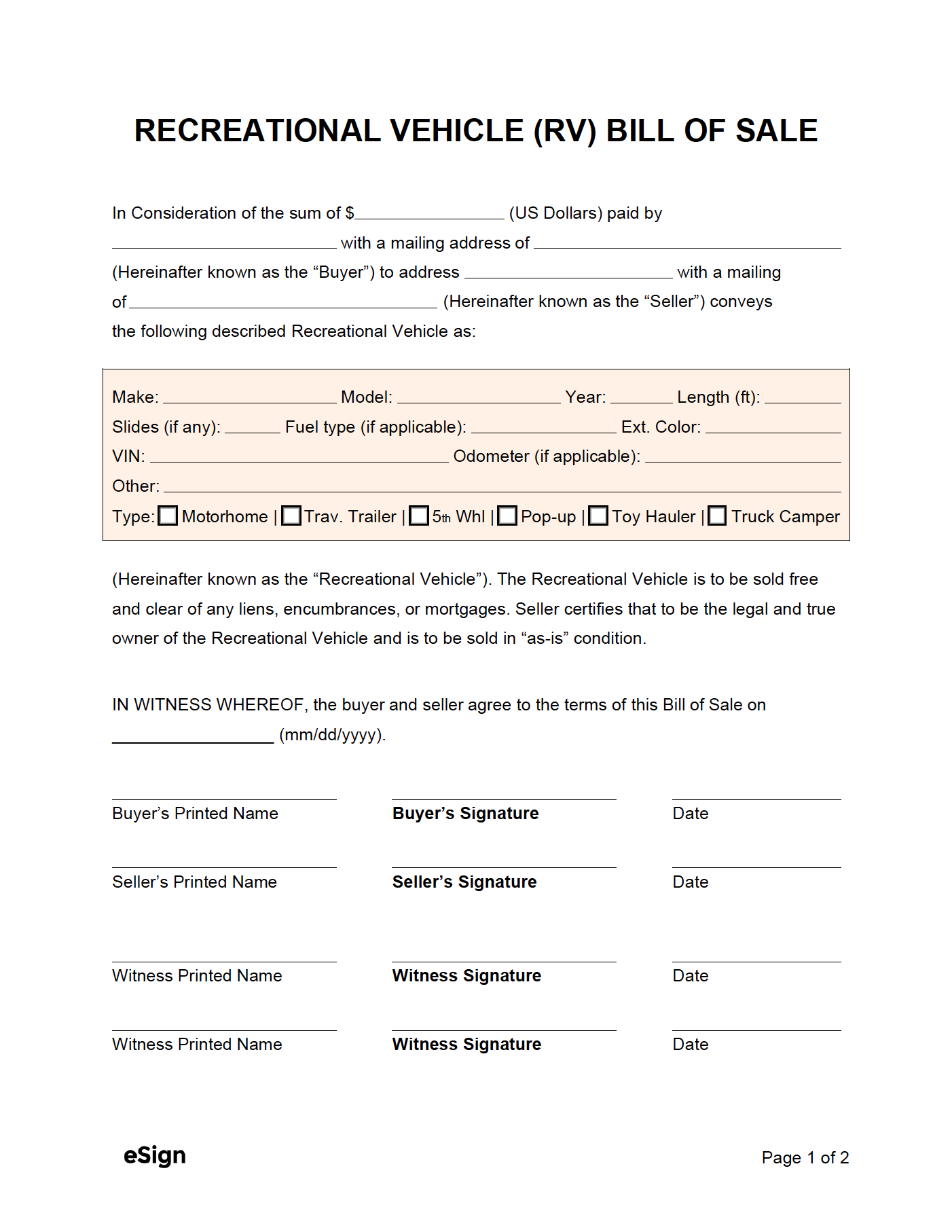 Free RV Bill Of Sale PDF Word Free RV Bill Of Sale PDF Word