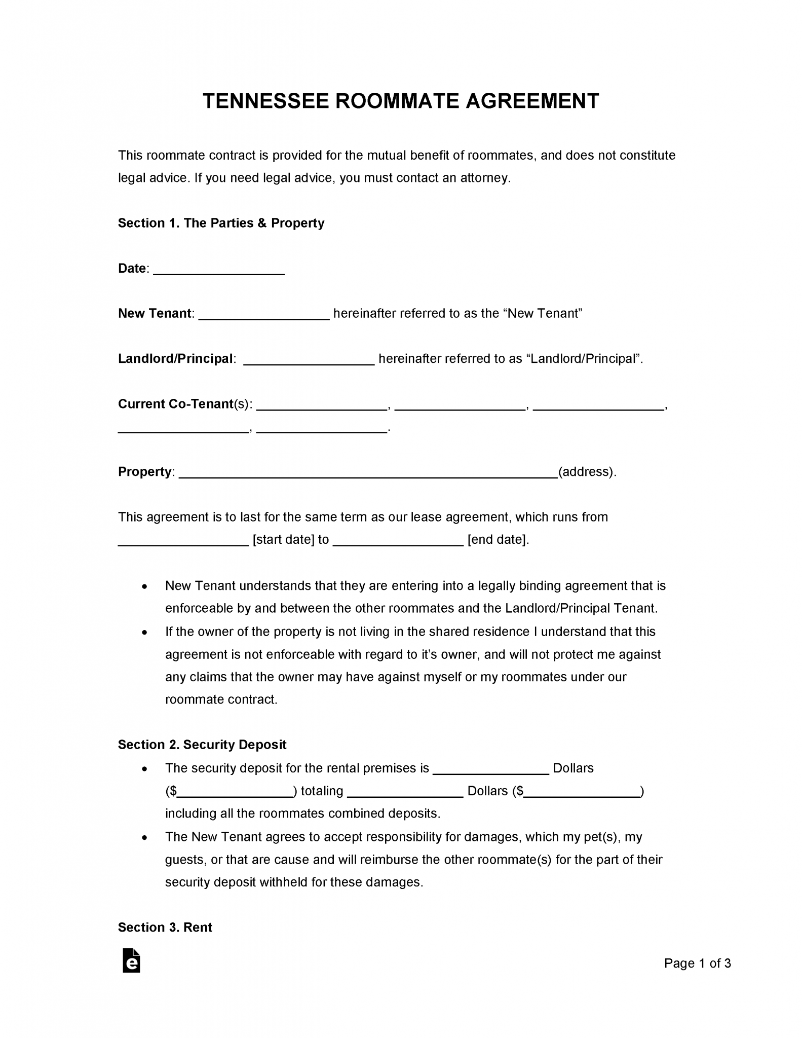 Blank Tennessee Rental Lease Agrement Printable