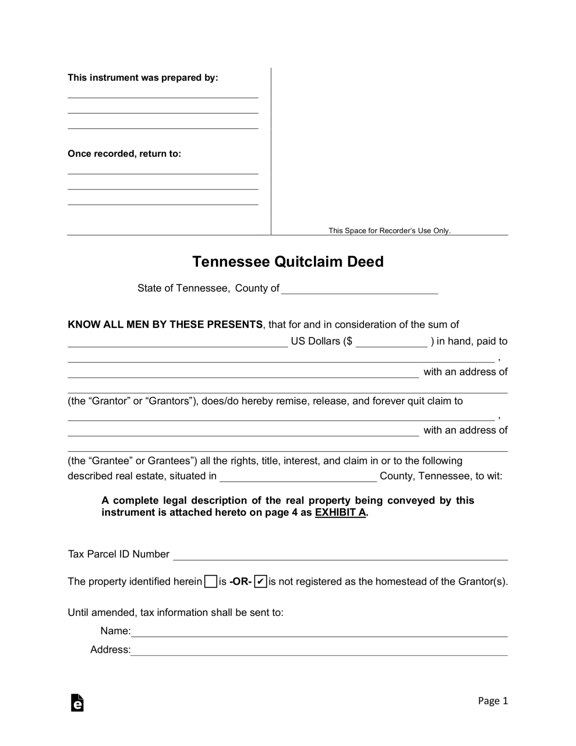 Blank Quit Claim Deed Tennessee Printable Form