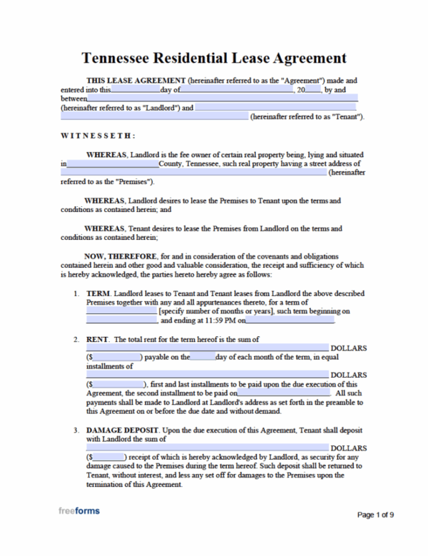 Blank Tennessee Rental Lease Agrement Printable