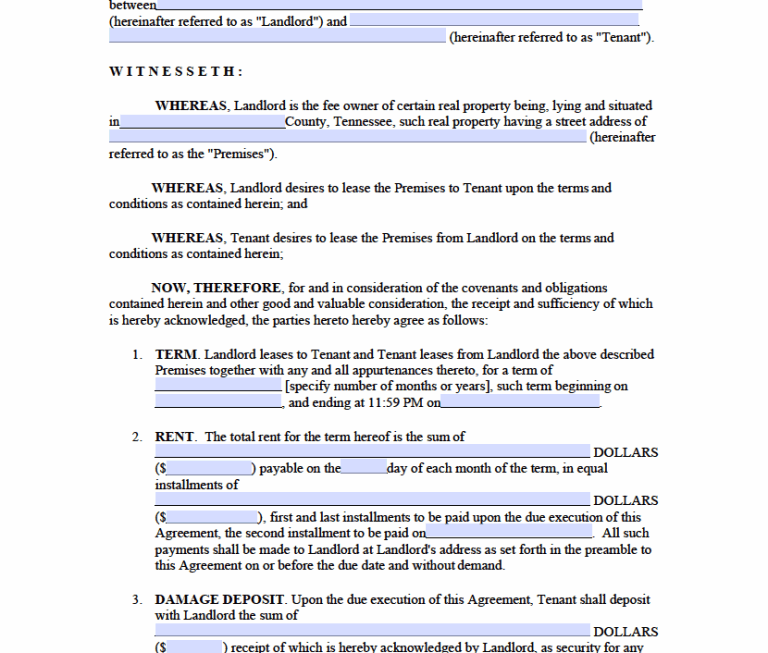 Free Tennessee Rental Lease Agreement Templates PDF WORD