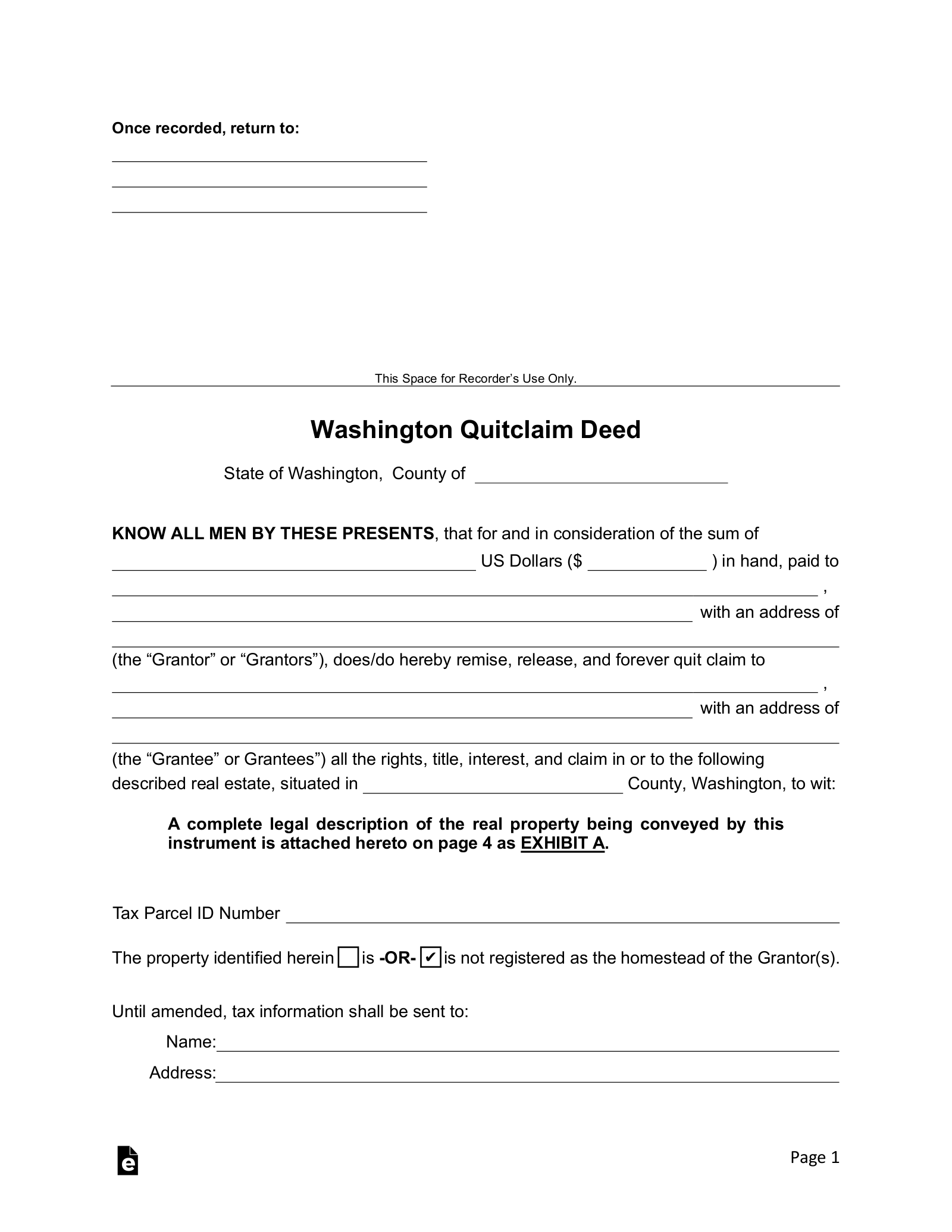 Quit Claim Deed Blank Washington State Printable