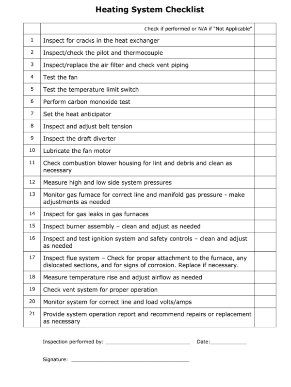 Free Printable Blank Furnace Maintenance Checklist