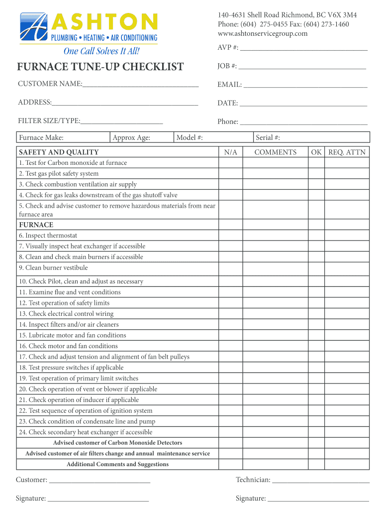 Furnace Tune Up Checklist Fill Online Printable Fillable Blank 