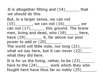 Gettysburg Address Pdf Abraham Lincoln Fill In The Blanks Kathy Troxel