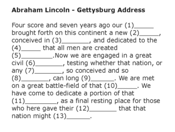 Gettysburg Address Pdf Abraham Lincoln Fill In The Blanks Kathy Troxel
