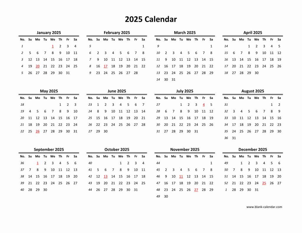 Printable Blank 2025 12 Month Calendar