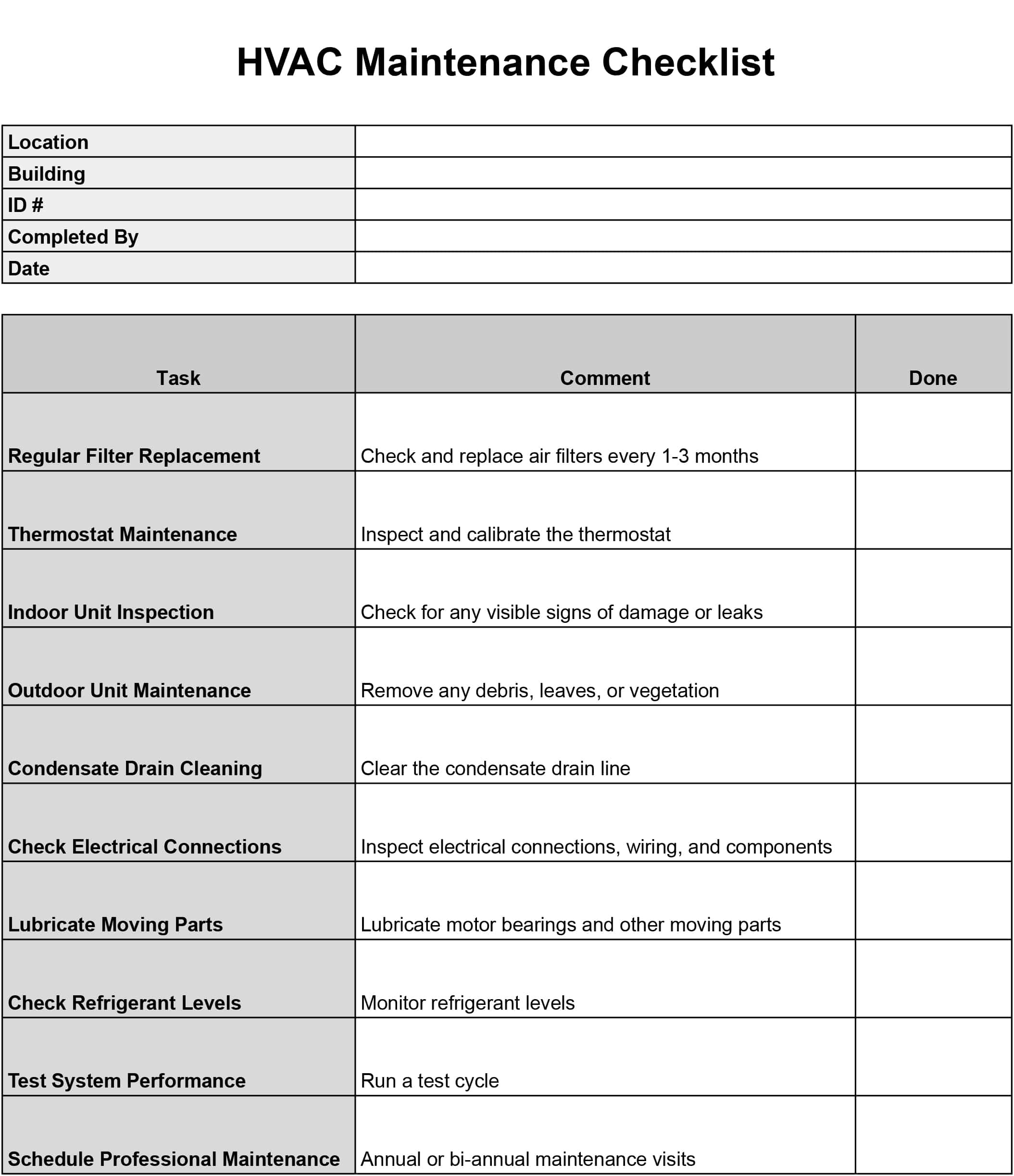 Free Printable Blank Furnace Maintenance Checklist
