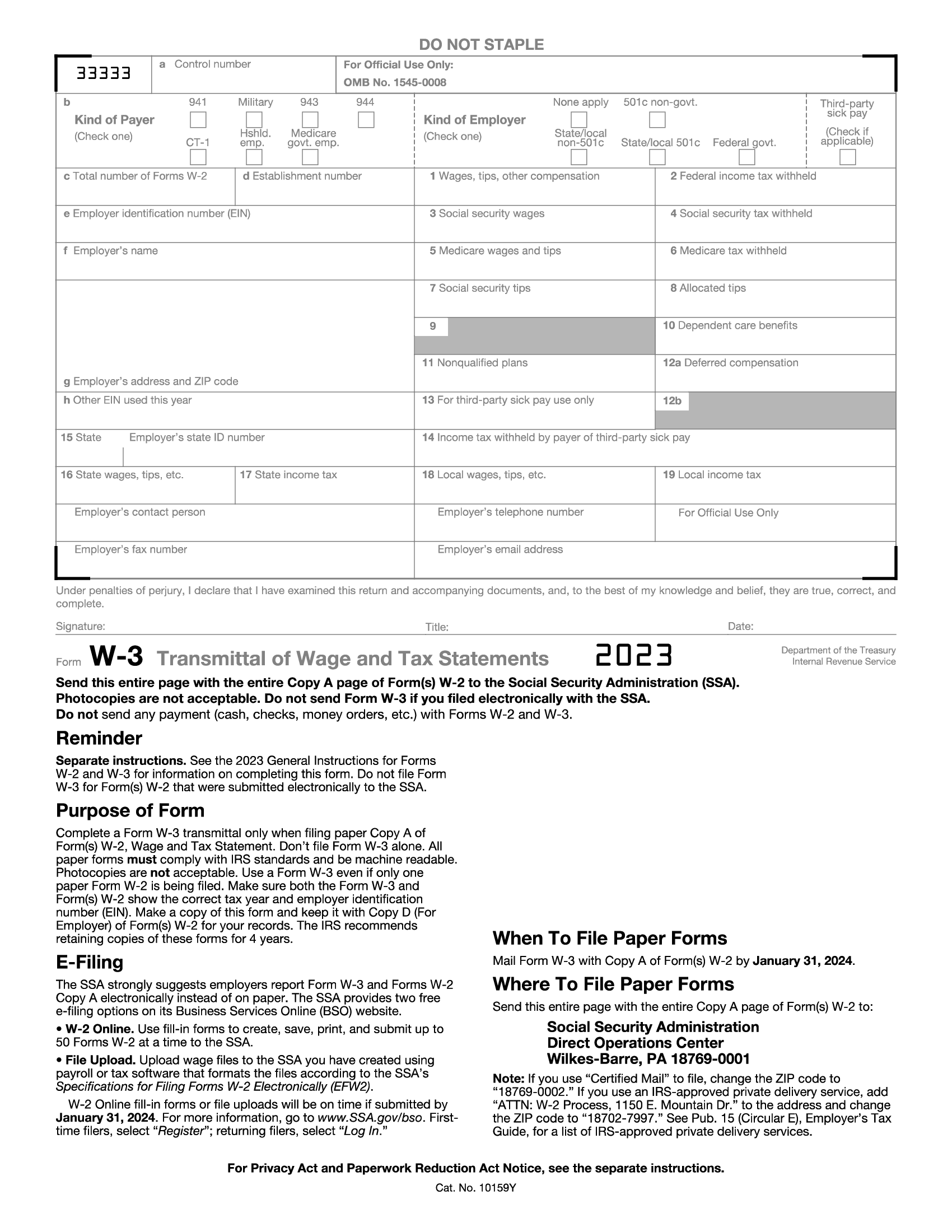 IRS Form W 3 Transmittal Of Wage And Tax Statements Forms Docs 2023 IRS Form W 3 Transmittal Of Wage And Tax Statements Forms Docs 2023