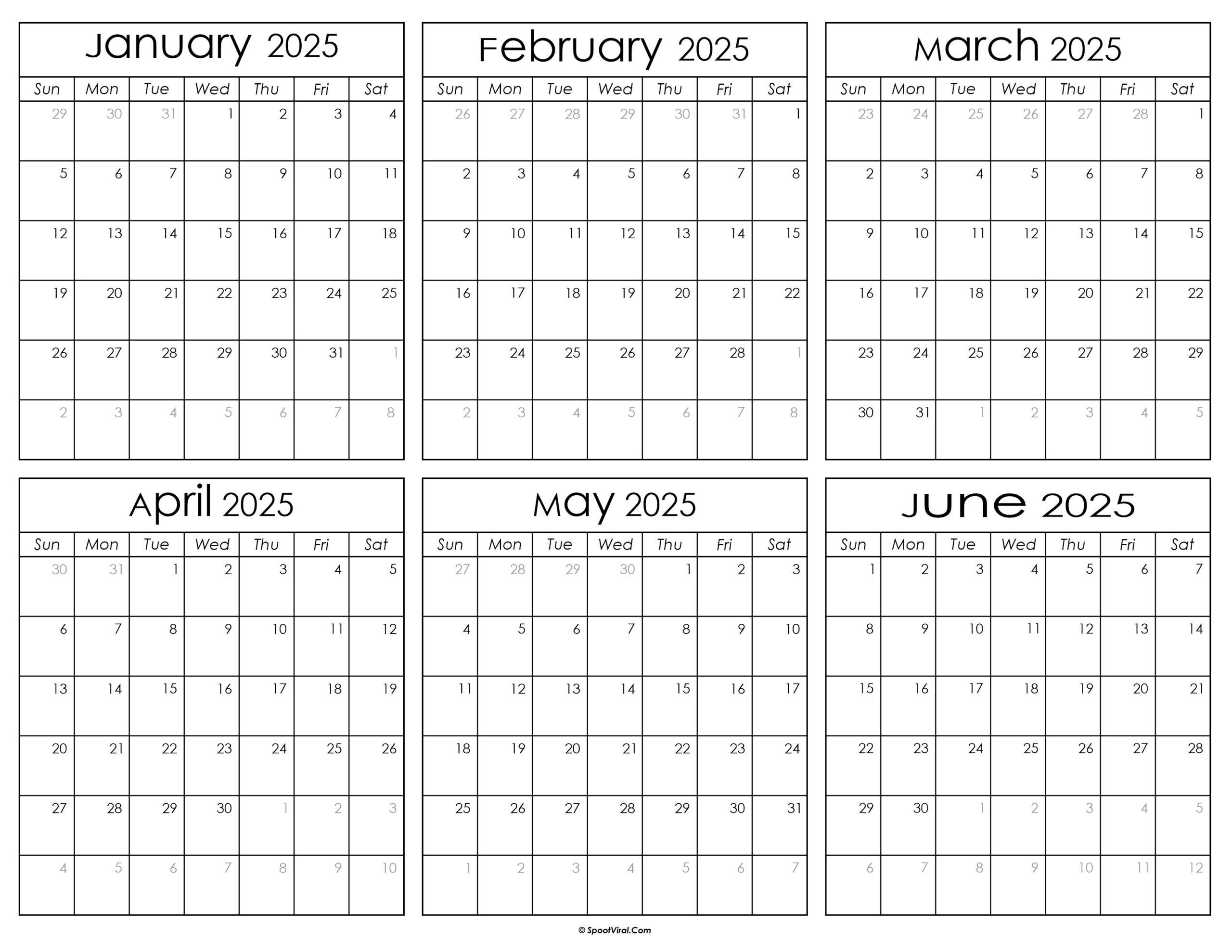 January To June 2025 Calendar Templates SpootViral