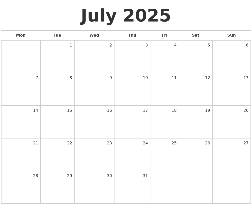 July 2025 Calendar Blank Jeffrey Spriggs July 2025 Calendar Blank Jeffrey Spriggs