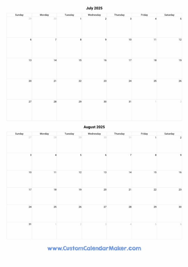 Blank Printable Calendar July Sugust 2025