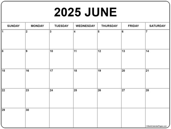 Blank Calendar June 2025 Printable Monthly
