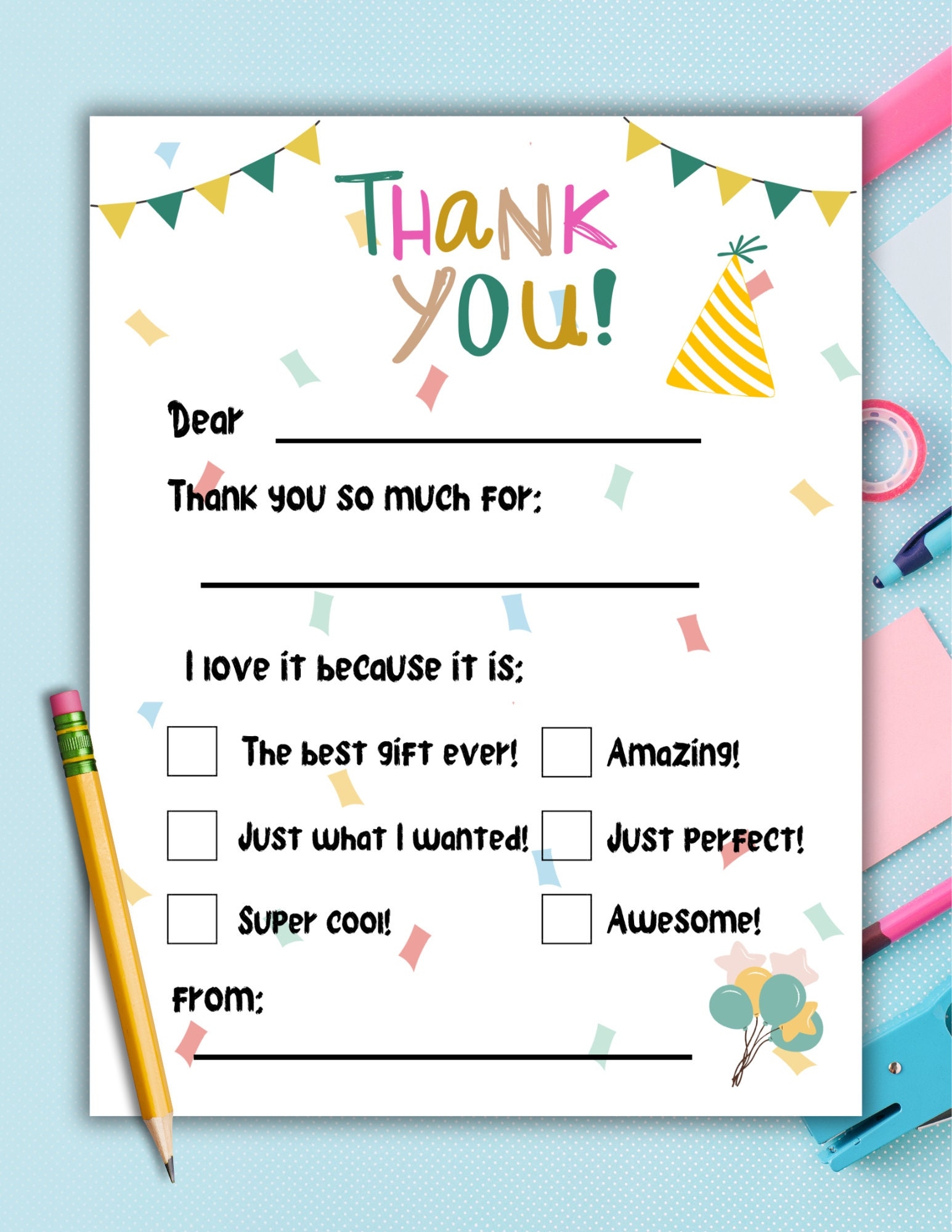 Kids Birthday Thank You Note Fill In The Blank Thank You Card 