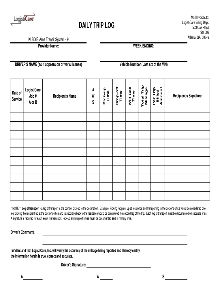LogistiCare Daily Trip Log Fill And Sign Printable Template Online 
