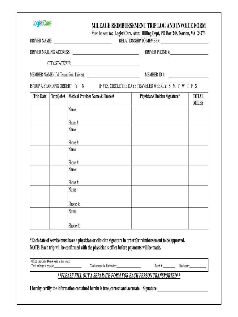 LogistiCare Mileage Reimbursement Trip Log And Invoice Form Fill And 