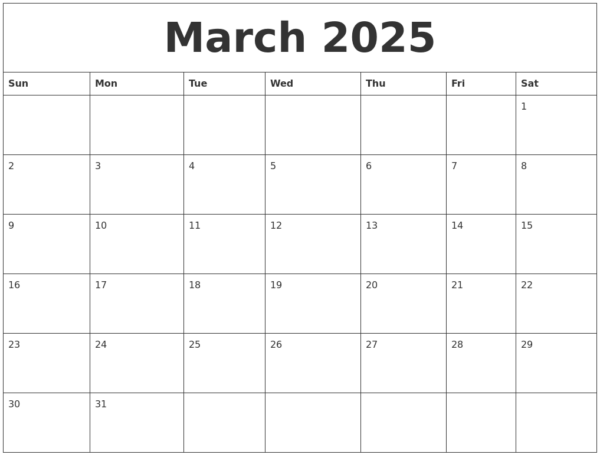 Blank Numbers March 2025 Calendar Printables
