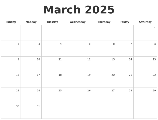 Calendar March 2025 Blank Free Printable